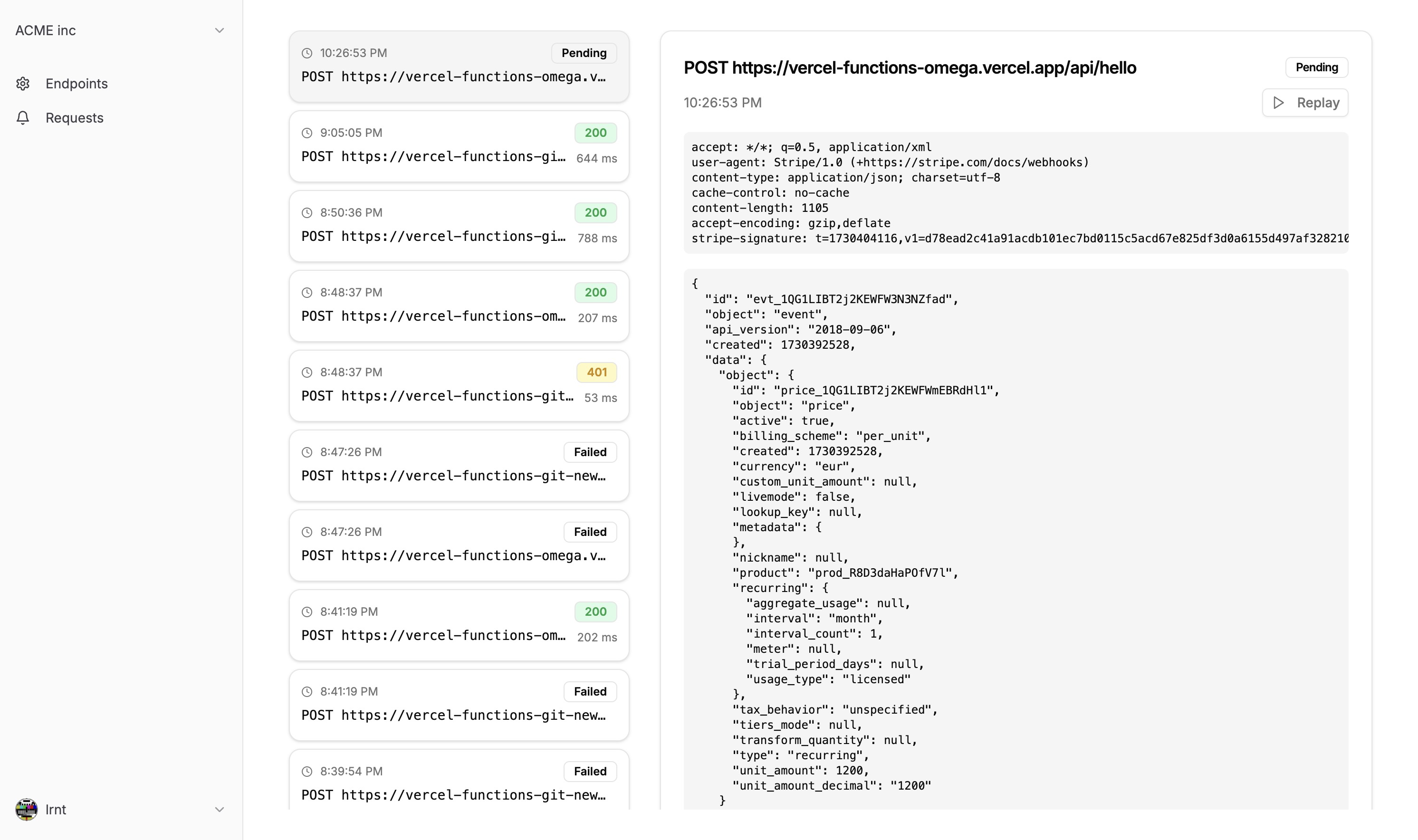 Dashboard screenshot showing webhook replay functionality